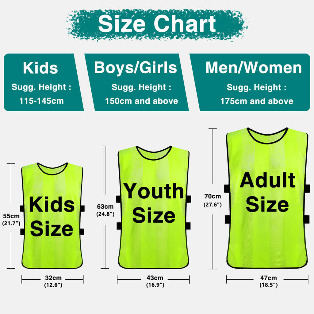 Size chart showing fluorescent vests labeled Kids, Youth, and Adult with suggested heights and vest dimensions for each group: Kids 115–145cm, Youth 150cm+, Adult 175cm+.