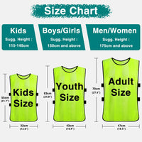 Size chart showing fluorescent vests labeled Kids, Youth, and Adult with suggested heights and vest dimensions for each group: Kids 115–145cm, Youth 150cm+, Adult 175cm+.